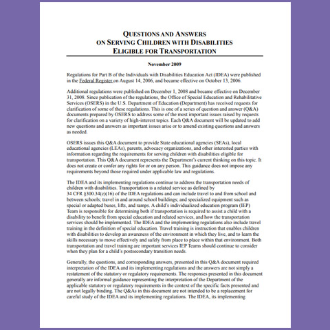 Questions and Answers on Serving Children with Disabilities Eligible for Transportation