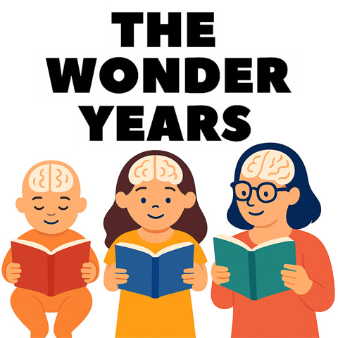 The Wonder Years, with images of a girl at three ages (infant, elementary, and adult) reading books, their brain is visible to represent brain growth while reading.
